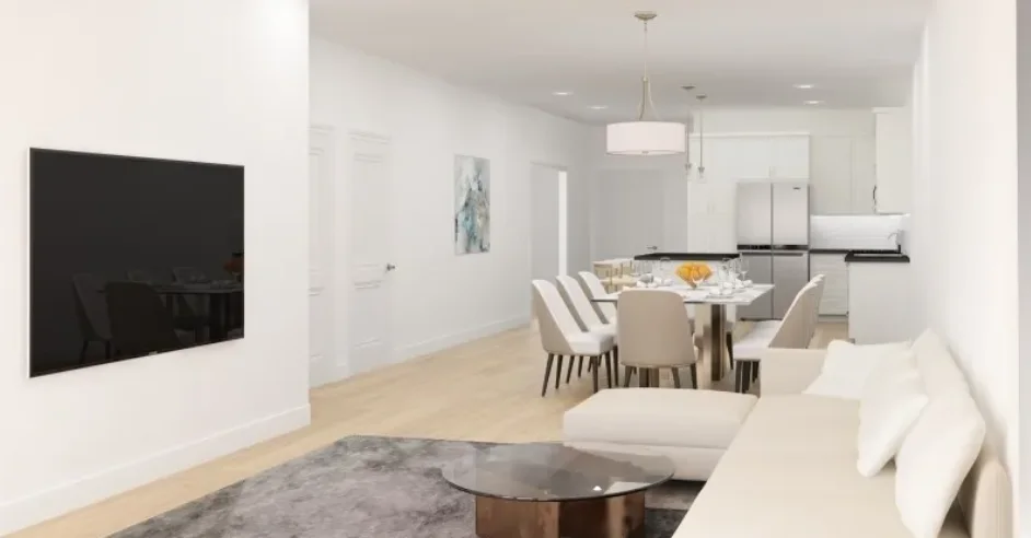 Open living and dining area, staged